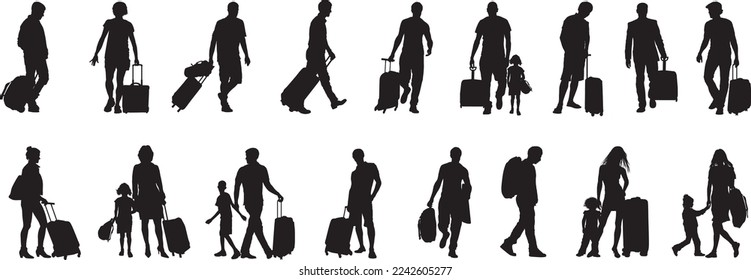 Black and white vector illustration of silhouettes of adult people and children with luggagef