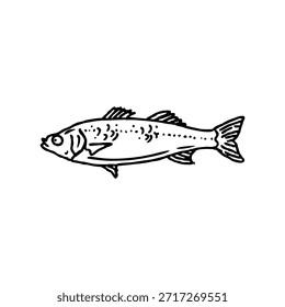 Ilustración vectorial en blanco y negro de un solo pez. Estilo minimalista del arte de la línea, perfecto para los iconos, los logotipos, los materiales educativos, o los proyectos del diseño. Vector editable con fondo aislado, conveniente para el Uso comercial.