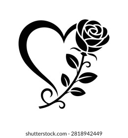 Black and white vector illustration of a single beautiful rose growing alongside a sweeping, open heart shape. A highly romantic floral design for weddings, anniversaries, or Valentine's Day.