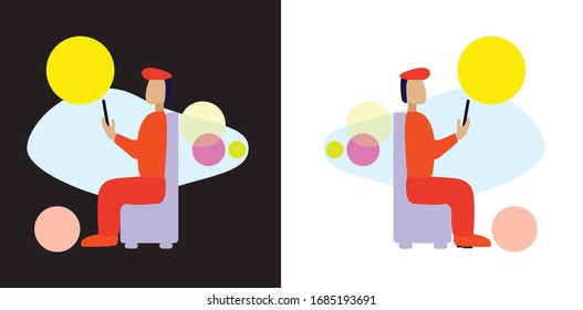 Black & White vector illustration of sitting man in casual clothes wearing hat and using phone under the sun and around bubbles. Cartoon realistic person. Flat young man. Side view man.