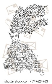 The black and white vector illustration of a sitting fantasy girl with the non existent letters and notes in the hair and in the dress 