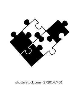 Ilustração vetorial em preto e branco de seis peças de quebra-cabeça entrelaçadas formando uma unidade, simbolizando conexão, trabalho em equipe e resolução de problemas.