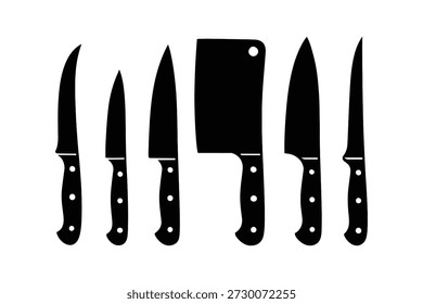 Ilustración vectorial en blanco y negro de seis cuchillos de cocina y cuchilla