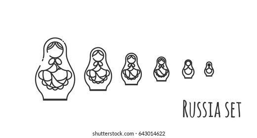 Black and white vector illustration of six matryoshka dolls