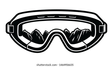 Black and white vector illustration of a ski glasses with reflection of mountains.