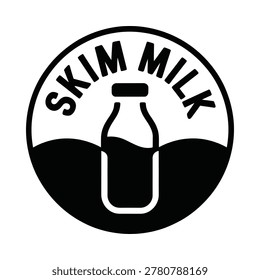 Black and white vector illustration of a skim milk label featuring a bottle silhouette and