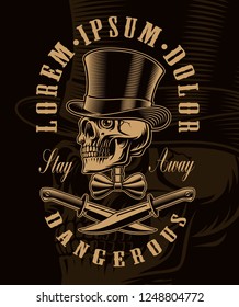 Black and white vector illustration of a skull in hat with bow tie and crossed knifes. T-shirt design. All elements, text are on the separate groups.