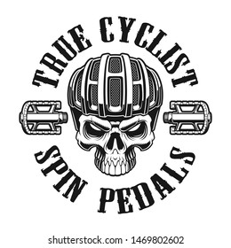 Black and white vector illustration of a skull in cyclist helmet on white background