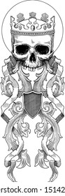 Black and white vector illustration of skull in crown decorated with baroque style ornament