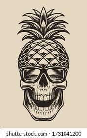 Ilustración vectorial en blanco y negro de un cráneo en forma de piña. Este diseño de elementos es perfecto para la impresión de camisetas y muchos otros usos.
