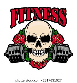 A black and white vector illustration of a skull with a barbell in its teeth, perfect for fitness and gym-related designs