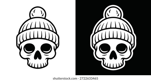 Ilustração de vetor preto e branco de um crânio vestindo um gorro, gráfico de arte de linha minimalista para adesivos
