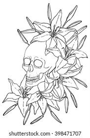 Black and white vector illustration of skull with lilies. 