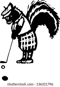 Black and white vector illustration of a skunk playing golf