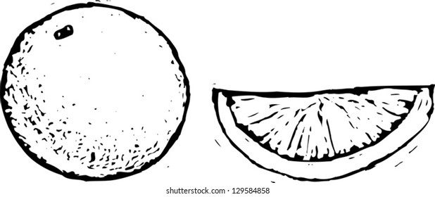 Black and white vector illustration of a slice of orange