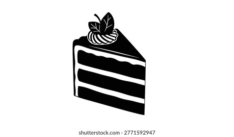 A black and white vector illustration of a slice of layered cake topped with whipped cream and a decorative leaf. high-quality professional detailed modern