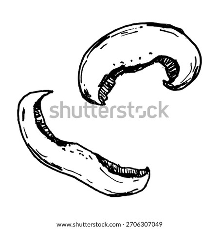 Black and white vector illustration of sliced mushrooms with curved caps and exposed gills. Suitable for ingredient sets, recipe layouts, kitchen graphics, pasta dishes and pizza toppings.