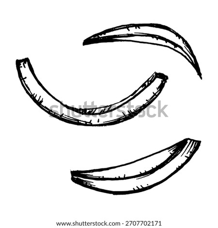 Black and white vector illustration of sliced onion pieces with curved layers and clean contours. Suitable for ingredient sets, cooking layouts, salad themes and pizza toppings.