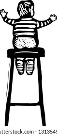 Black and white vector illustration of small boy sitting on stool