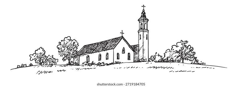 Ilustración vectorial en blanco y negro de una Pequeña iglesia de campo con campanario y árboles