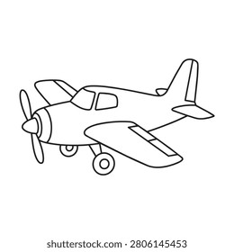 Black and white vector illustration of small airplane with propeller on white background