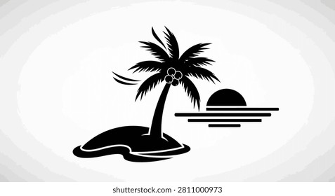 Black and white vector illustration of a small desert island featuring a single palm tree and a setting sun over the horizon in a simple flat style.