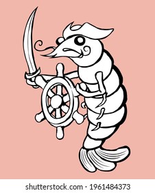 Black and white vector illustration of smiling pirate shrimp with saber and steering wheel in hands