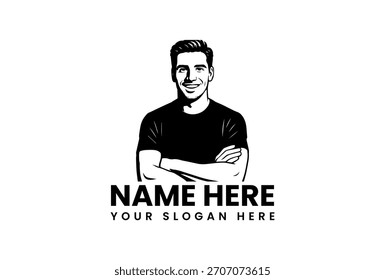 Black and white vector illustration of a smiling man with crossed arms, wearing a t-shirt, facing forward.