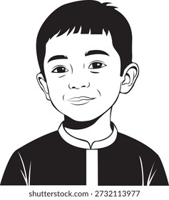 Black and white vector illustration of a smiling young boy portrait