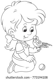 Black and white vector illustration of a smiling girl playing with her small parrot