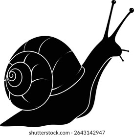 A black and white vector illustration of a snail with a spiral shell, isolated on a white background.