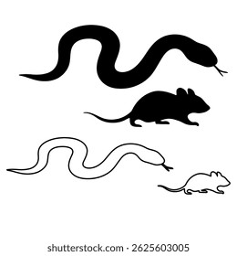 black and white vector illustration of a snake and a mouse in silhouette and outline styles on white 100