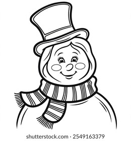 A black and white vector illustration of a snow woman whit a top Hat and a scarf around her neck 