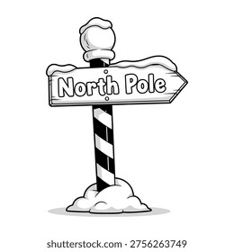 A black and white vector illustration of a snow-covered signpost pointing to the North Pole, perfect for winter or holiday-themed marketing and advertising materials.