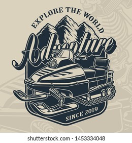 Black and white vector illustration of a snowmobile on the light background. layered file.