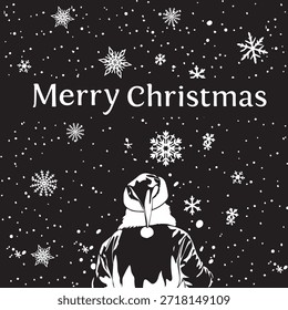  Ilustración vectorial en blanco y negro de una noche nevada con una figura mirando las estrellas, con copos de nieve que caen y texto de "Feliz Navidades". Perfecto para tarjetas de vacaciones, carteles o decoraciones de invierno.