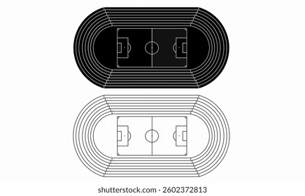 Black and white vector illustration of a soccer stadium top view with running track. Perfect for sports, architecture, and design projects.