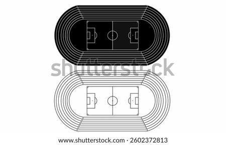 Black and white vector illustration of a soccer stadium top view with running track. Perfect for sports, architecture, and design projects.