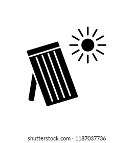 Black & white vector illustration of solar thermal panel. House heating system. Flat icon. Isolated object on white background.
