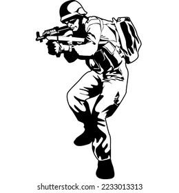 Ilustración del vector blanco y negro de un soldado apto para el ejército, la marina, la infantería con armas y en espera