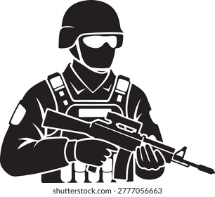 Black and white vector illustration of a soldier with helmet and goggles aiming a rifle, ready for action.