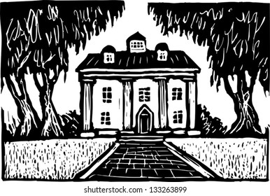 Black and white vector illustration of Southern plantation