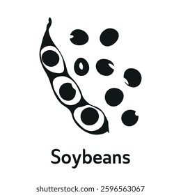 Black and white vector illustration of soybeans with a pod and scattered beans.