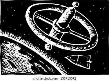 Black and white vector illustration of space station