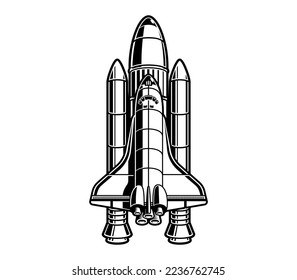 Black and white vector illustration of space shuttle on a white background