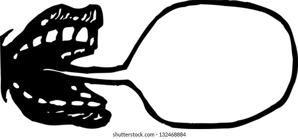 Black and white vector illustration of a speech bubble and a big mouth