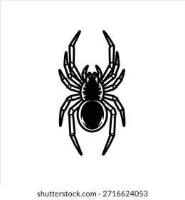 Ilustración vectorial en blanco y negro de una araña, con su cuerpo distintivo y ocho patas. Silueta gráfica de un arácnido sobre fondo blanco.