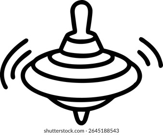 Black and white vector illustration of a spinning top toy The silhouette is simple with bold lines and a dynamic feel The top appears to be in motion suggested by curved lines around it