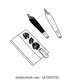 Ilustración vectorial en blanco y negro de división o articulación aislada en fondo blanco. Marihuana en papel rodante.