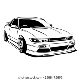 Black and white vector illustration of a sports car with an aggressive wide-body kit, aerodynamic design, and custom wheels. Perfect for automotive enthusiasts, tuning projects, racing themes